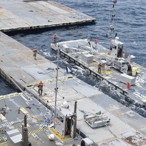 Pier-building begins construction of the floating JLOTS pier in the Mediterranean. The pier will support USAID and humanitarian partners to receive and deliver humanitarian aid to the people of Gaza. US Transportation Command and US European Command support the movement of humanitarian aid.